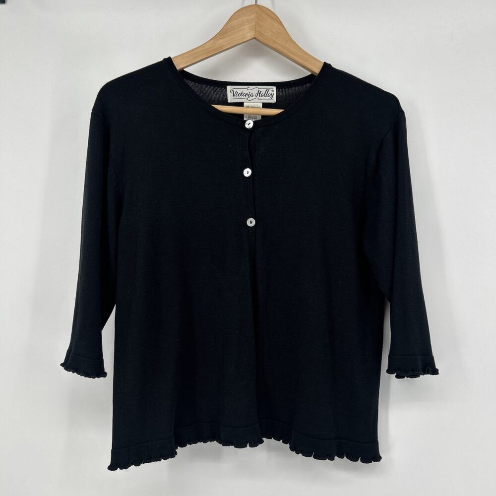Vintage Victoria Holley 100% Silk Cardigan Womens L Black Feminine Ruffles